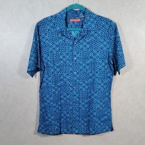 04124 Tori Richard men's navy & aqua cotton S/S button front shirt M